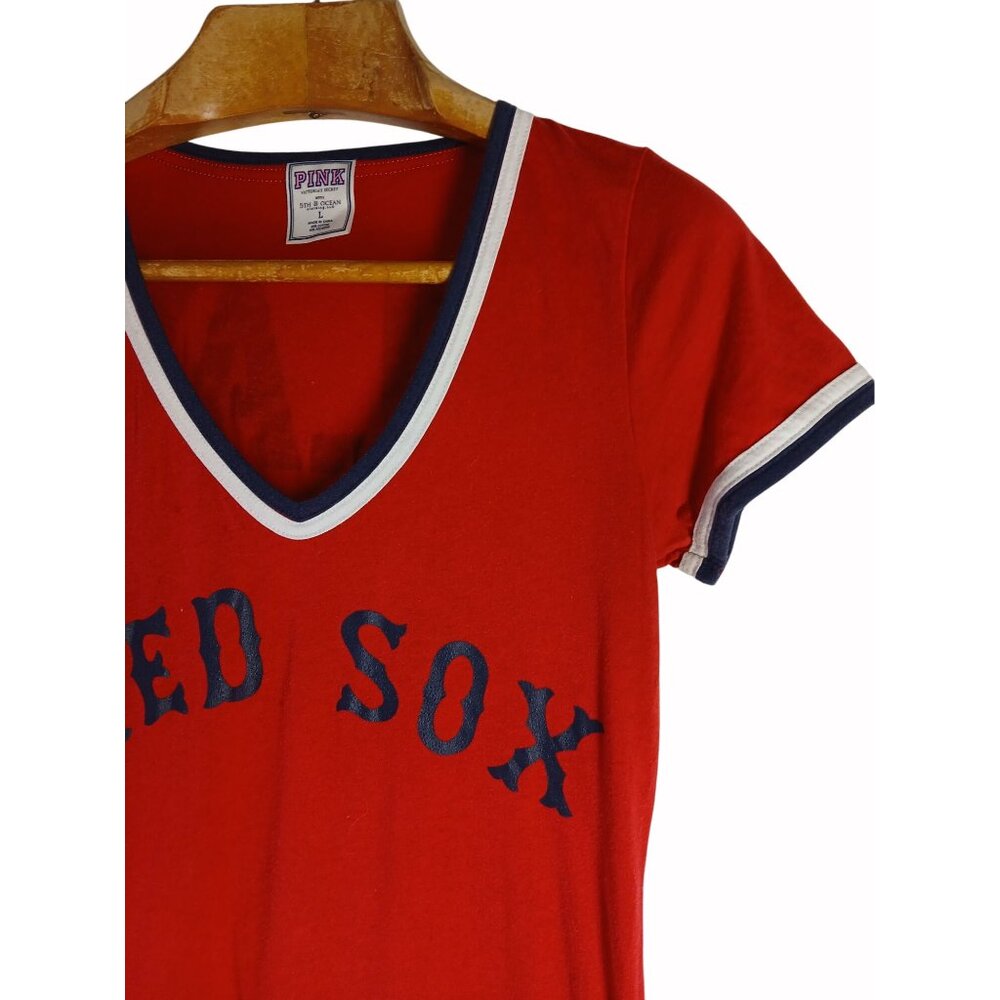 Victorias Secret Pink Red Sox V Neck T Shirt L Boston Play Ball Red Blue White - Picture 3 of 15